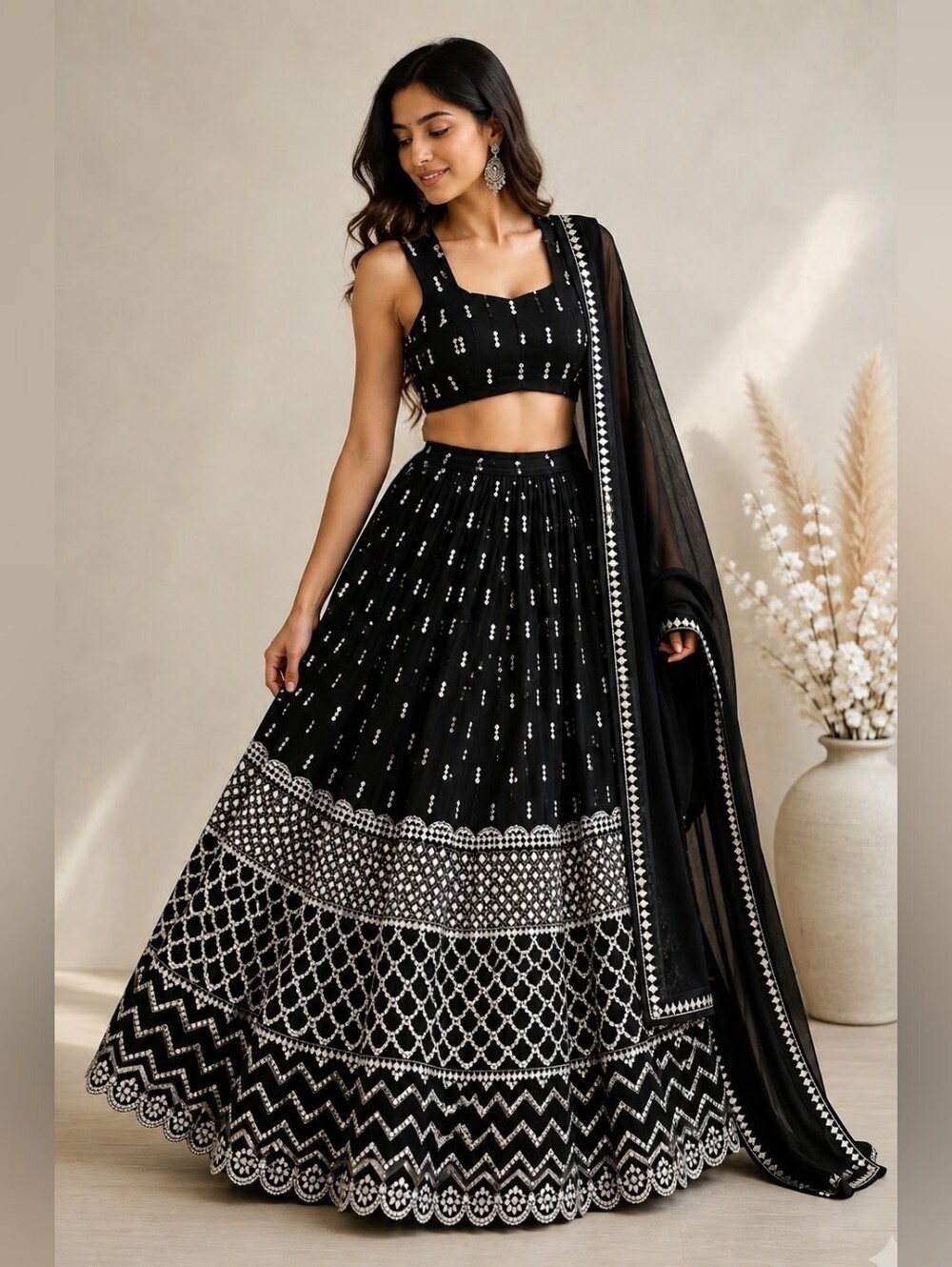 Black Sequin Zari Embroidery Work Lehenga Choli